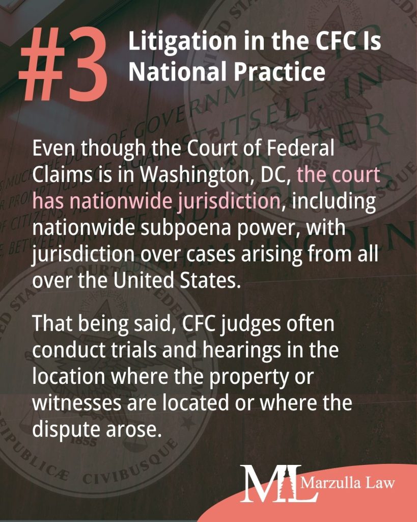 Slideshow by Marzulla Law explaining 8 reasons legal teams should hire local counsel for Court of Federal Claims litigation